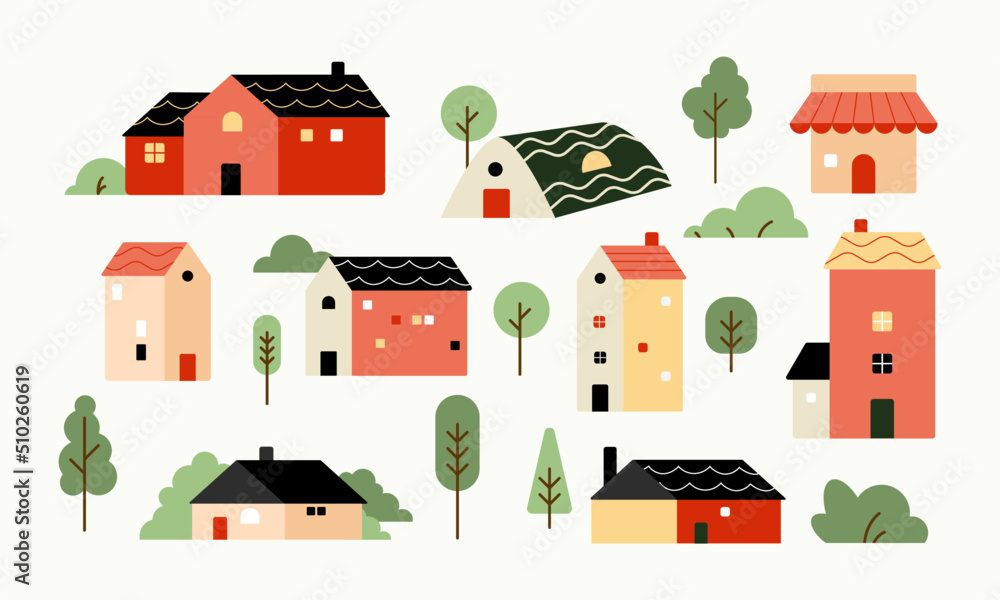 Poster set of various small tiny houses and trees in paper cut flat design. collection of vector illustrati