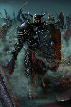 A demonic warrior with a shield and a sword in massive black armor walks across the battlefield