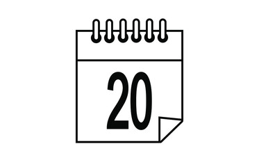 20 day black and white calendar. Simple calendar icon with folded sheet.