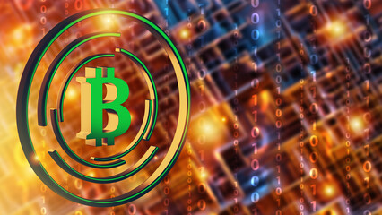Virtual business concept. Bitcoin symbol is metaphor for digital business. Bitcoin business on Internet. Virtual digital currency logo. Binary code on colorful background. 3d rendering.