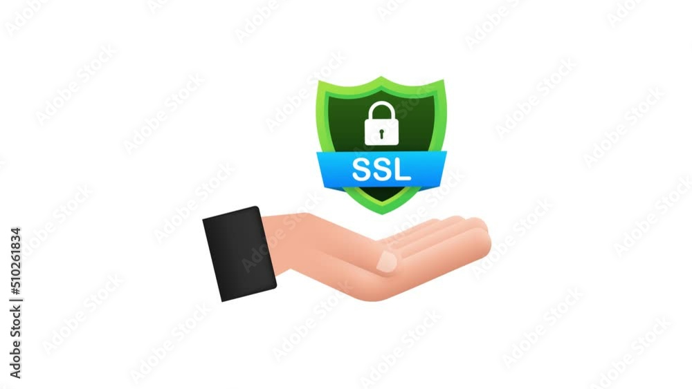 Poster Secure connection icon Motion graphics isolated on white background, flat style secured ssl shield symbols on hands 4k