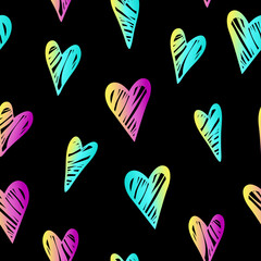 Seamless heart pattern. Multicolored gradient on a black background. Prints, packaging design, textiles, bedding and wallpaper.