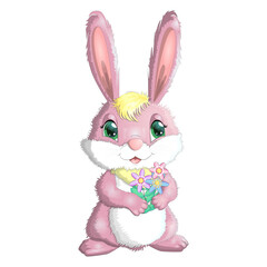 Cartoon rabbit, hare with flowers. Cute childish character, Easter, spring, symbol of 2023 Chinese New Year