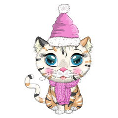 Cute cartoon cat wearing santa hat and scarf. Winter 2023, Christmas and Chinese New Year.