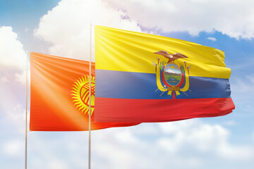 Sunny blue sky and flags of ecuador and kyrgyzstan