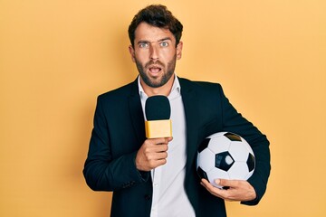 Handsome man with beard football reporter microphone in shock face, looking skeptical and...