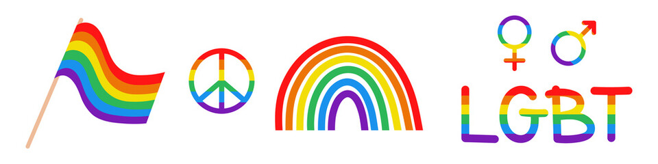 Vector LGBT set. Rainbow flag. LGBT elements. Peace symbol. Pride month.
