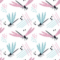 Seamless abstract pattern with colored dragonflies. Cute cartoon dragonflies in flight. Flat graphic style illustration for backgrounds, wallpapers, textiles and packaging.
