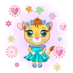 Obraz premium Cartoon lioness in a beautiful dress with bows and flowers. Girl character, wild animal with human traits