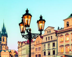 Fototapeta na wymiar Close-up city lantern on Prague Old Town Square, Czech Republic. Architecture and landmark of Prague.
