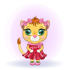 Cartoon lioness in a beautiful dress with bows and flowers. Girl character, wild animal with human traits