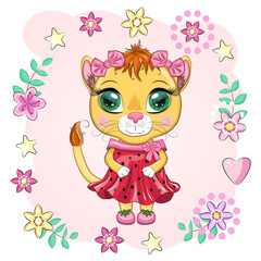 Cartoon lioness in a beautiful dress with bows and flowers. Girl character, wild animal with human traits