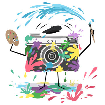 A retro instamatic camera as a fun, creative artist character in a mess of creativity covered in colourful paint splatter and splashes. Representing painting and photography in art and design.