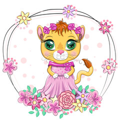 Cartoon lioness in a beautiful dress with bows and flowers. Girl character, wild animal with human traits