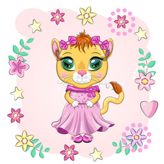 Cartoon lioness in a beautiful dress with bows and flowers. Girl character, wild animal with human traits