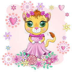Cartoon lioness in a beautiful dress with bows and flowers. Girl character, wild animal with human traits