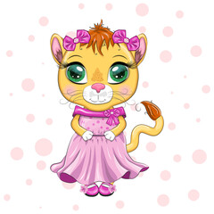 Obraz premium Cartoon lioness in a beautiful dress with bows and flowers. Girl character, wild animal with human traits