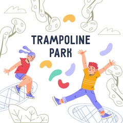Bouncing on kids trampoline park entertainment banner or poster, flat vector illustration. Summer entertainment and attraction for children advert. Trampoline jumping.