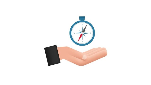 Compass icon over hands on white background. Flat Motion graphics navigation symbol. Motion graphics 4k
