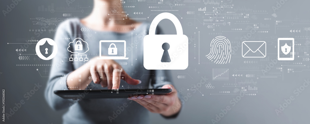 Poster internet network security concept with business woman using a tablet computer