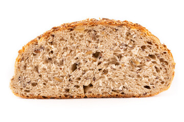 A slice of round yeast-free bread on a sourdough made of whole wheat flour with seeds on a white isolated background. Half a loaf of bread. Blank for the design. Proper nutrition.