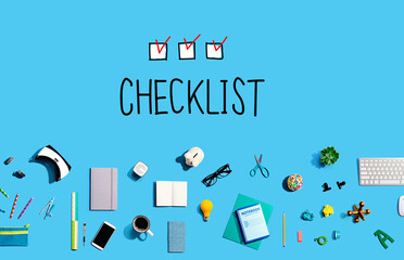 Checklist with collection of electronic gadgets and office supplies