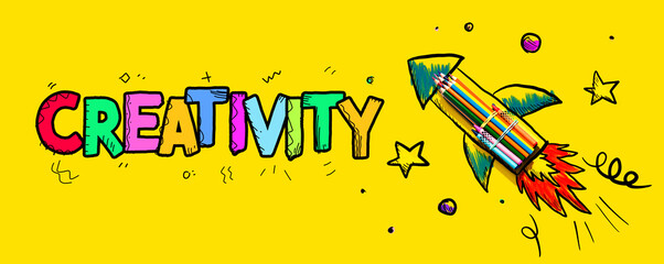 Creativity theme with hand drawn rocket and colored pencils