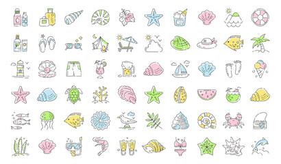Fototapeta premium Summer vacations on a beach icon set. Vector thin line collection of seashells, bags nature signs, party drinks and cocktails and outdoors activities on the beach or coast. Modern vector brand logos.