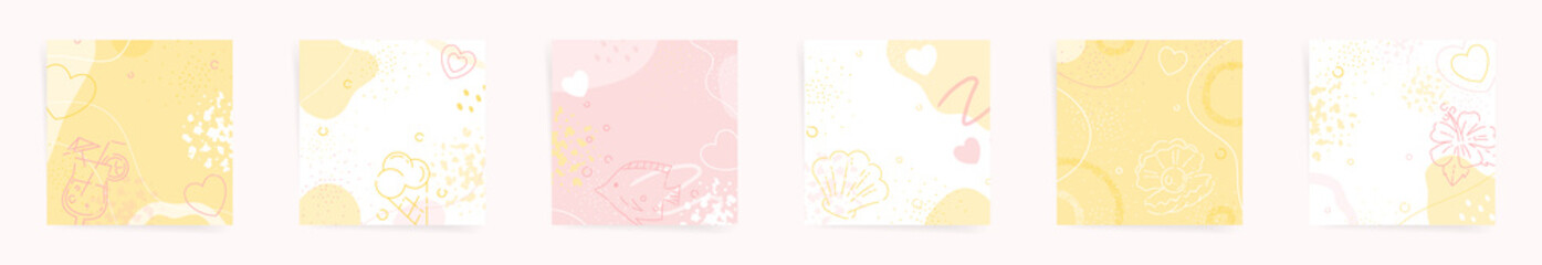 Summer square background templates set. Beach design for social media stories posts, promo cards. Square design with seashells, fishes, ice cream, flowers and cocktails. Pink and yellow colors.