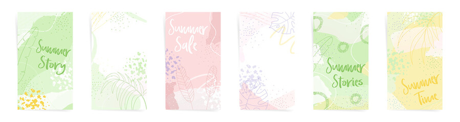 Summer story background templates set. Nature design for social media stories posts, promo cards. Vertical design with abstract shapes floral leaves, and aesthetic elements.
