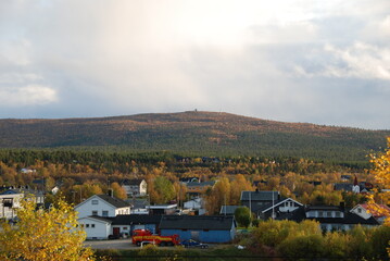Fototapeta na wymiar View of Dákteroavvi hill over Karasjok village, Finnmark, Norway 