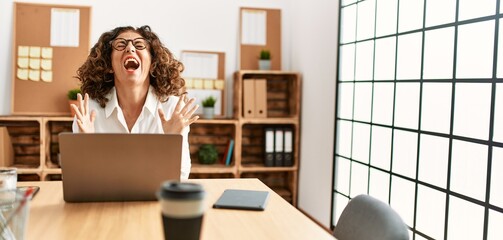 Middle age hispanic woman working at the office wearing glasses crazy and mad shouting and yelling with aggressive expression and arms raised. frustration concept.