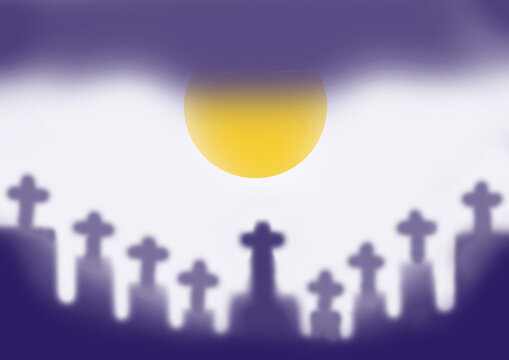 Dark Blue White Gradient Background And Cross In Cemetery With Full Moon Covered In Dark Clouds