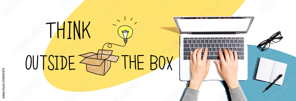 Poster think outside the box with person using a laptop computer