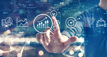 Data Analysis concept with a man on blurred city background