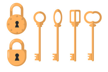 A set of golden locks and keys of different shapes in a flat style. Vector image.