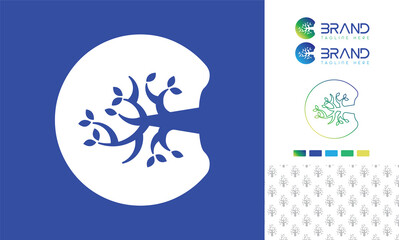 Alphabet letter C logo with a tree as negative space in bold letter with logo color variation and pattern for branding design