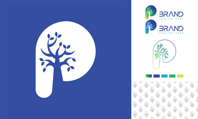 Alphabet letter P logo with a tree as negative space in bold letter with logo color variation and pattern for branding design