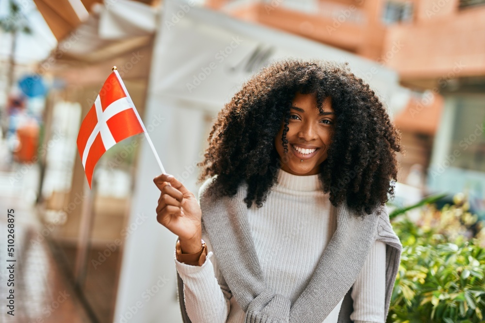 Wall mural young african american woman smiling happy holding denmark flag at the city.