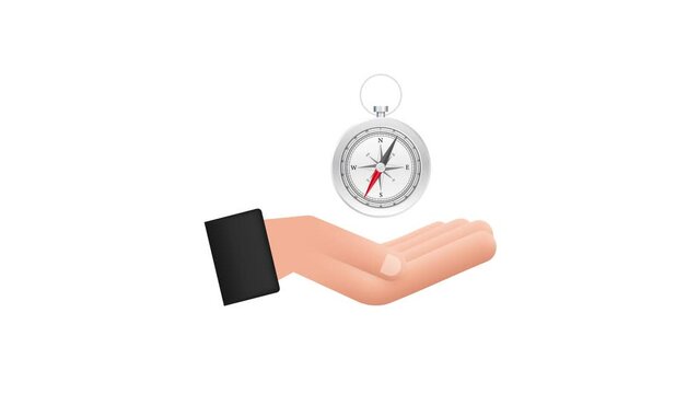 Compass icon over hands on white background. Flat Motion graphics navigation symbol. Motion graphics 4k