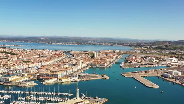 Aerial panorama of the marina and commercial port of Sète on a summer, France