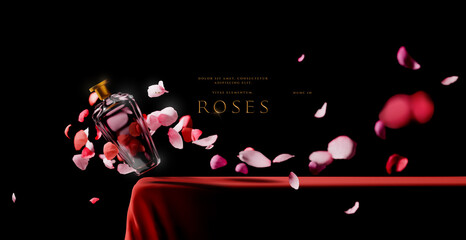 Red luxury platform or podium scene with beautiful flying rose petals. product placement realistic vector template