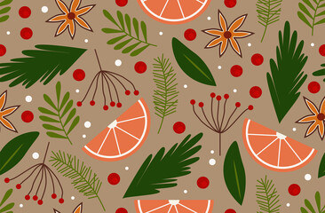 Seamless floral pattern with leaves, berries, oranges vector background. Perfect for wallpapers, pattern fills, web page backgrounds, surface textures, textile
