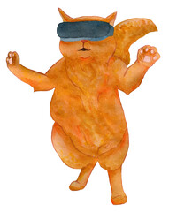 Red fluffy cat in a virtual reality helmet. Watercolor illustration.