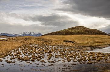 Landscape in the Myvatn region in Iceland, with clumps of grass in shallow ponds, as well as hills and mountains under a spectacular sky