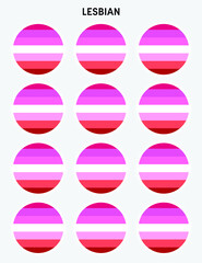 Set of pride flags, lesbian flags in the shape of a circle. Circle shaped sticker icon and LEBT symbols.