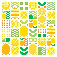 Fotobehang Abstract artwork of lemon fruit symbol icon. Simple vector art, geometric illustration of colorful citruses, oranges, limes, lemonade and leaves. Minimalist flat modern design on white background. © Adpragus