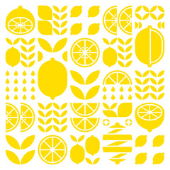 Abstract artwork of lemon fruit pattern icons. Simple vector art, geometric illustration of citrus, orange, lime, lemonade and leaves silhouettes. Minimalist flat modern design on white background. - obrazy, fototapety, plakaty