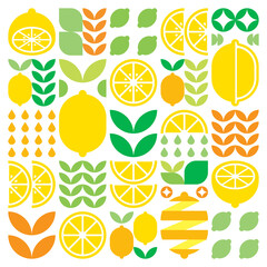 Abstract artwork of lemon fruit symbol icon. Simple vector art, geometric illustration of colorful citruses, oranges, limes, lemonade and leaves. Minimalist flat modern design on white background.