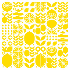 Abstract artwork of lemon fruit pattern icons. Simple vector art, geometric illustration of citrus, orange, lime, lemonade and leaves silhouettes. Minimalist flat modern design on white background. - obrazy, fototapety, plakaty